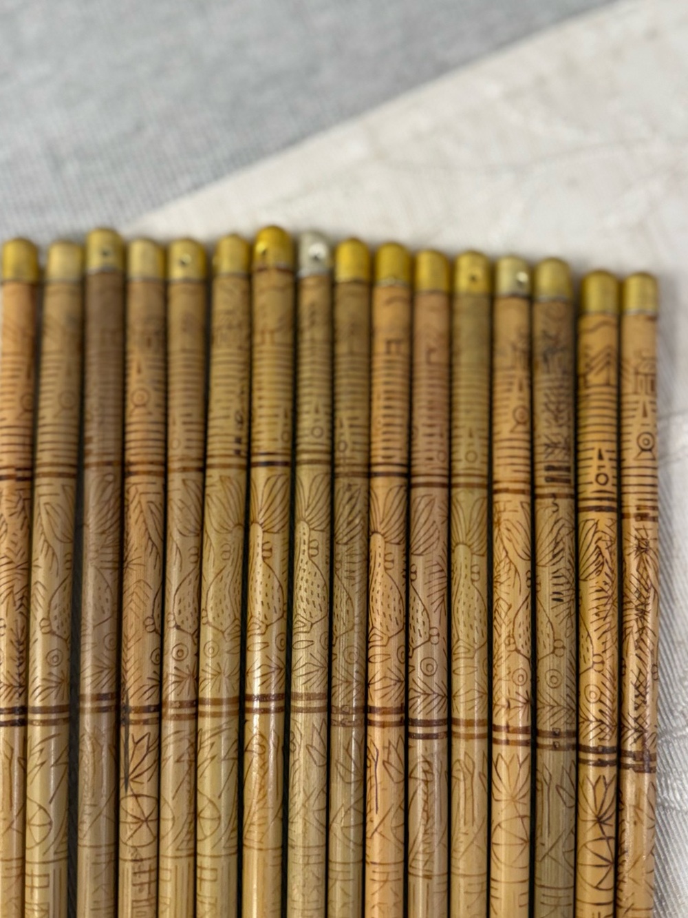 16 Vintage Bamboo Chopsticks Set – Detailed Pyrography Fish & Pagoda Motif Art